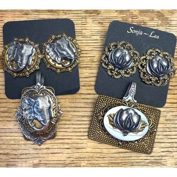Sonja Lea Eccler elephant earrings two-tone heavy pendant set signed - Picture 10 of 10